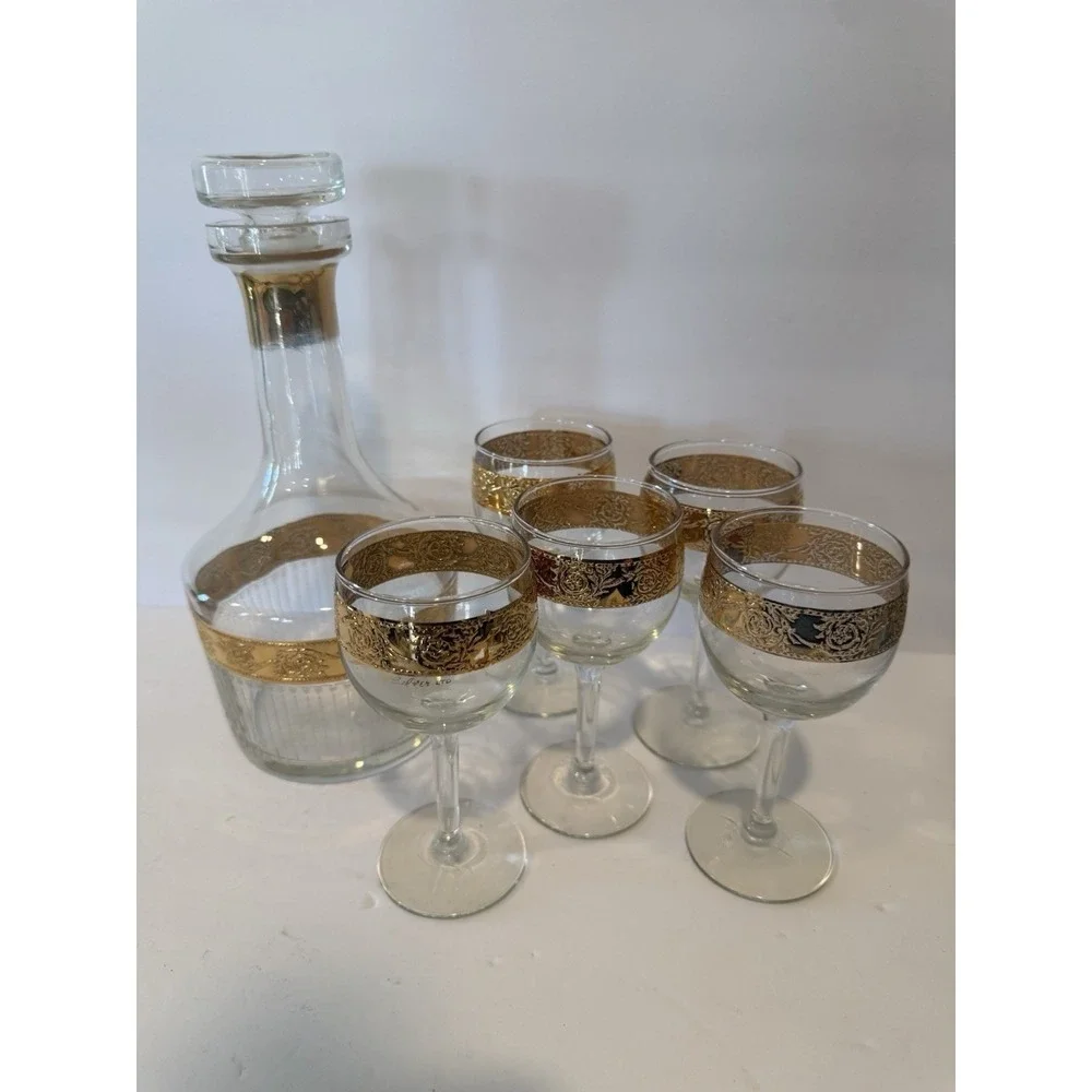 Vintage Culvers Ltd Tyrol 22K Gold Decanter & 5 Wine Glasses Made in USA 1960s